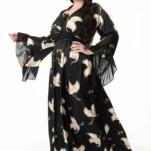 Unique Vintage Black Crane Print Long Sleeve Dress